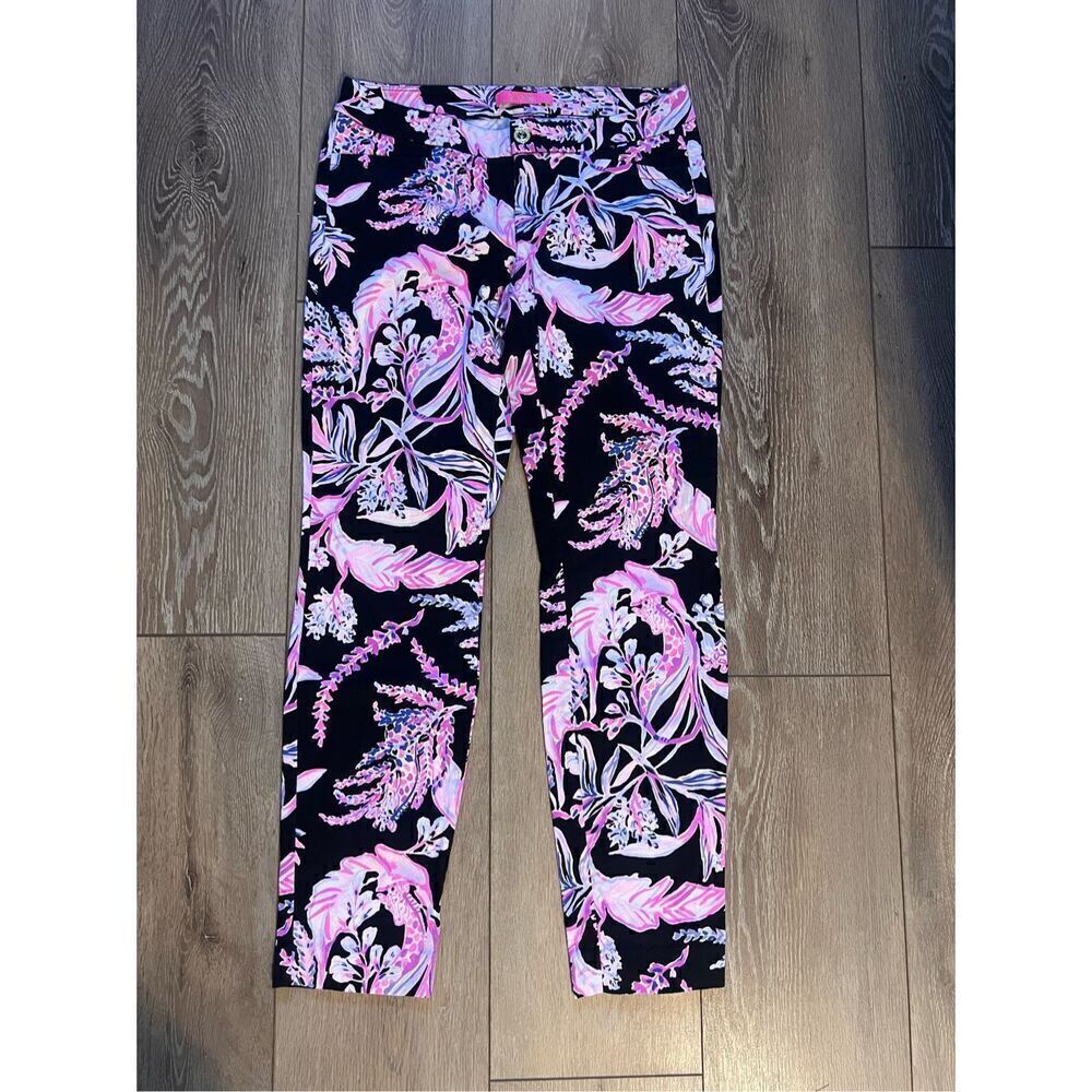 Lilly Pulitzer Women's 4 Kelly Ankle Pants Black Pink Purple Wildflower Floral - Picture 6 of 13
